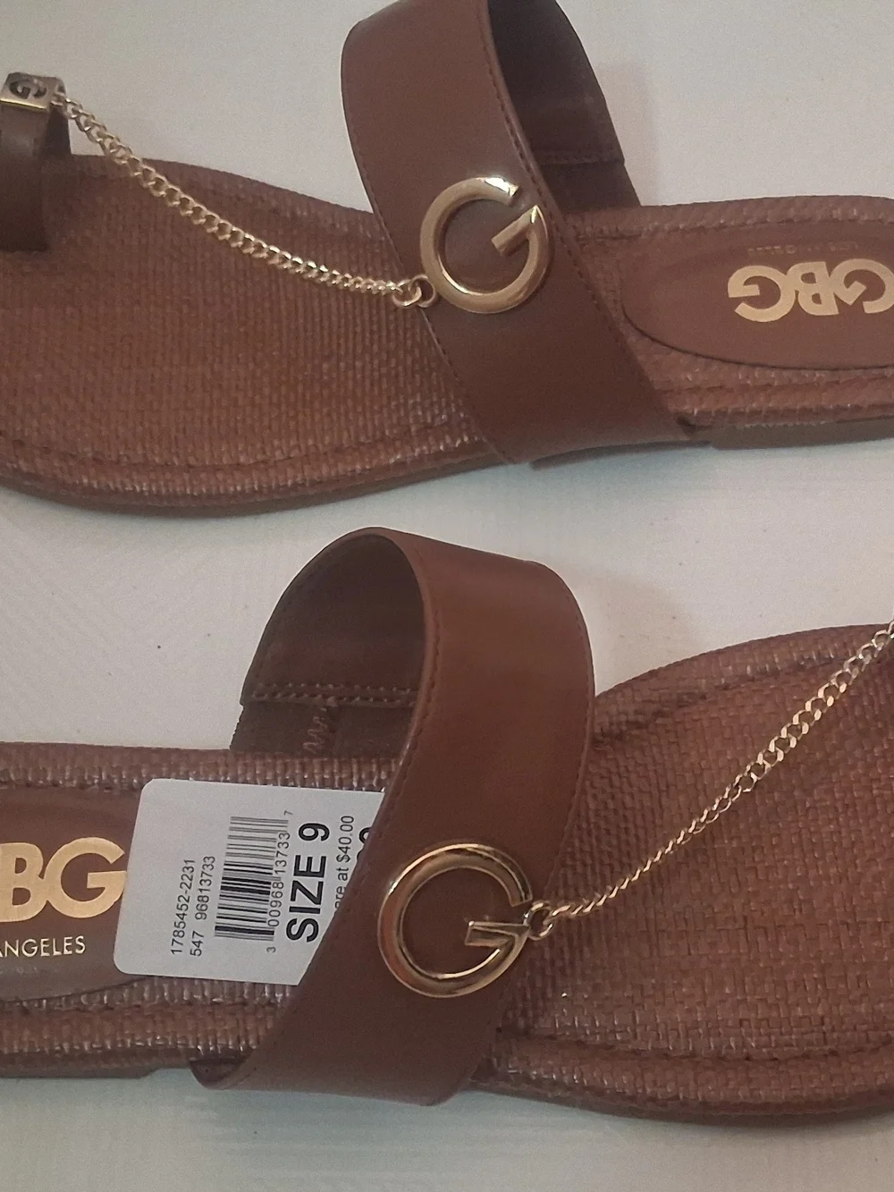 G By Guess Brown Chain-Accent Slide Sandals